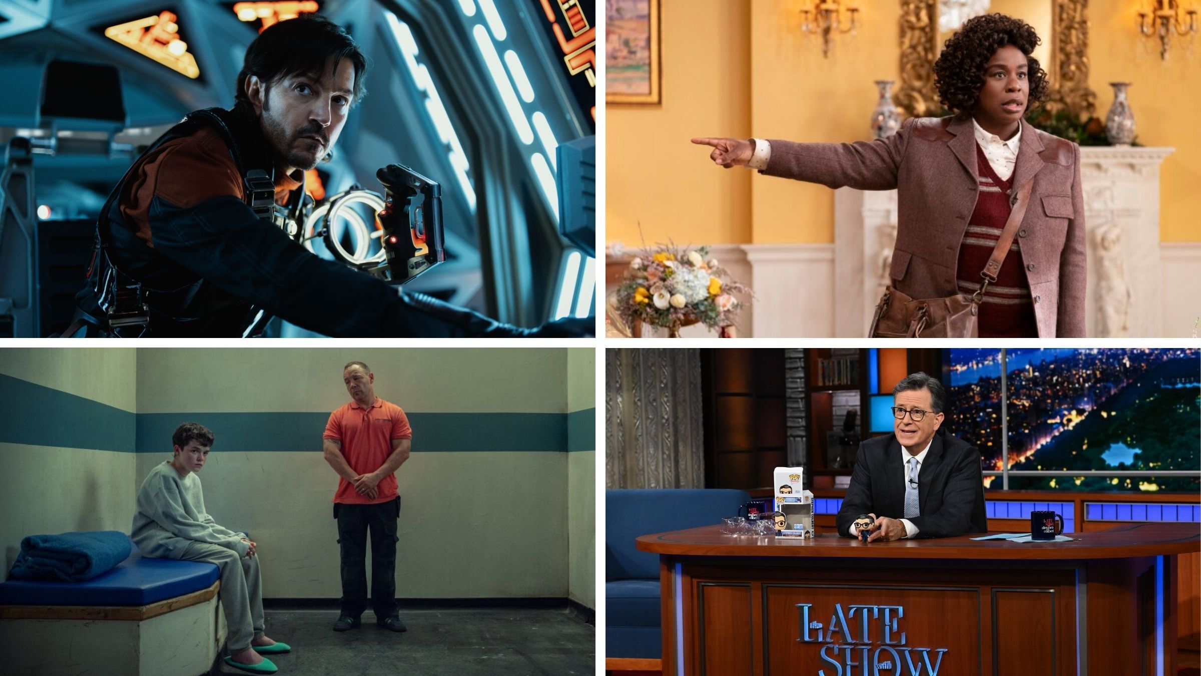 Every year, TV critic Eric Deggans gives out his own awards for the best shows and performances. This year Deggys go to, clockwise from top left: <em>Andor,</em> <em>The Residence, The Late Show with Stephen Colbert</em> and <em>Adolescence.</em>